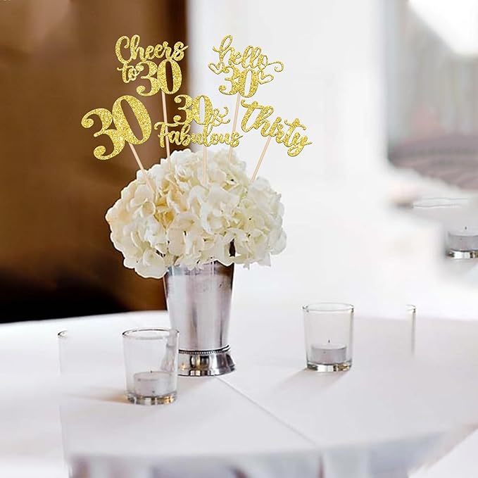 15PCS Happy 30th Birthday Centerpiece Sticks Hello 30 Fabulous Table Flower Centerpieces Sticks Thirty Cheers to 30 Years Floral Decoration for Happy 30th Birthday Party Centerpieces Sticks Gold