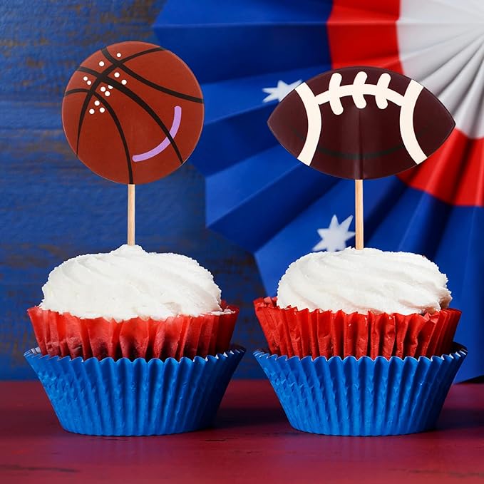 BLUE TOP 48pcs Two Side Sports Ball Cupcake Toppers Sports Theme Cupcake Picks Party Decor Football Baseball Basketball Rugby Decoration Picks for Olympics Games Celebration