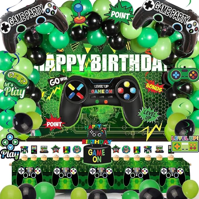 77Pcs Video Game Birthday Party Decorations Kit – Gamer Party Supplies with Happy Birthday Backdrop, Hanging Swirls, Foil Balloons, Colorful Balloons, Table Cover & Cake Topper for Game Theme Party