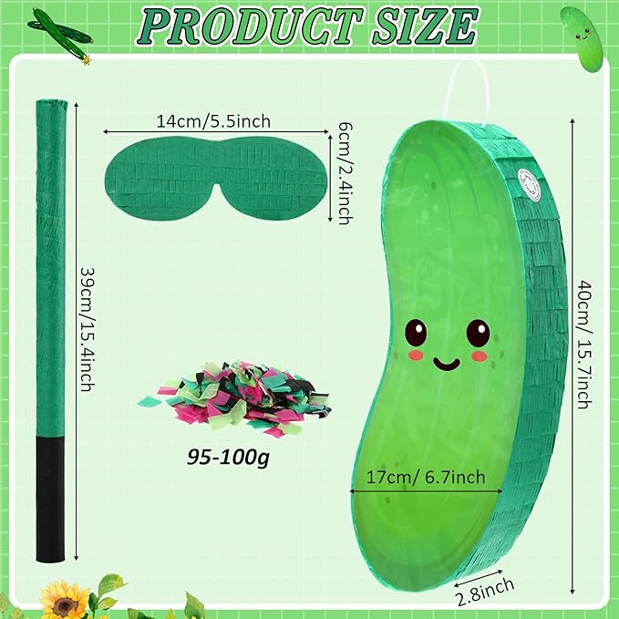 Pickle Piñata for Kids Birthday Party 15.7 x 6.7 x 2.8 Inches Cucumber Theme Piñata with Bat Blindfold and Confetti for Baby Shower Photo Props Cinco De Mayo Fiesta Decoration