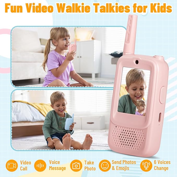 Video Walkie Talkies for Kids, 2 Pack Rechargeable Walkie Talkies with HD Camera, Photo & Voice Changer, Long Range, Indoor & Outdoor Play, Interactive Toys Birthday Gifts for Boys Girls Ages 3-12