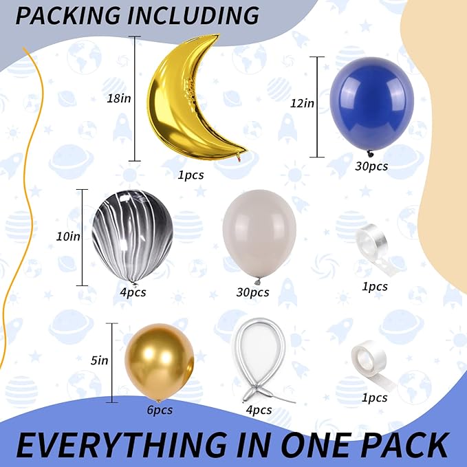 Outer Space Astronaut Balloon Garland Arch Kit Pearl Navy Blue Onyx Black Gray Gold Latex Balloons with Moon Foil Balloon Galaxy Starry Night to the Moon DIY Birthday Party Decoration Baby Shower