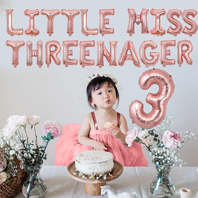 Rose Gold 3rd Birthday Decorations Little Miss Threenager Balloon Banner Third Birthday Decors Girl Rose Gold Number 3 Foil Balloon Crown Theme Supplies for Princess 3rd Three Years Old Girl