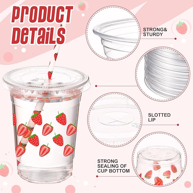 Yungyan 50 Sets 16 oz Strawberry Plastic Cups with Lids and Straws Strawberry Party Decoration Coffee Juice Disposable Drinking Cups for Berry First Birthday Decoration Baby Shower Party Supplies