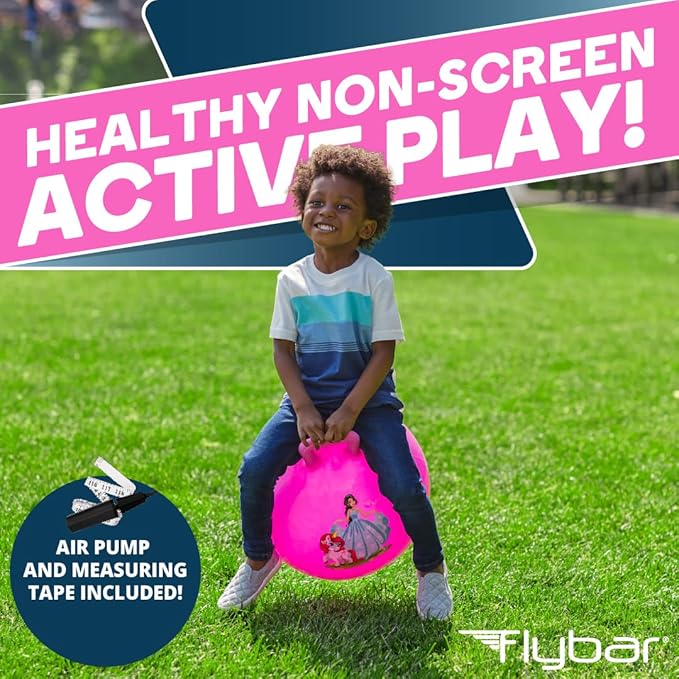 Flybar Hopper Ball for Kids, Inflatable Bouncy Ride-On Ball w/Handle for Indoor & Outdoor Active Play, Includes Pump, Jump Ball Toy for Boys & Girls, Supports Up to 165 lbs, Ages 3+, 18-Inch, Small
