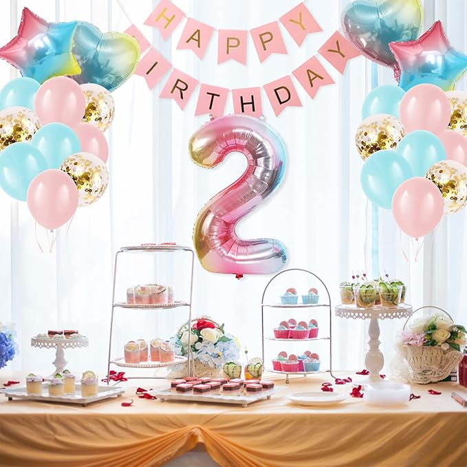 2nd Birthday Decorations for Girls - Gradient Color Age 2 Balloons with Happy Birthday Banner for Baby Showers & Parties