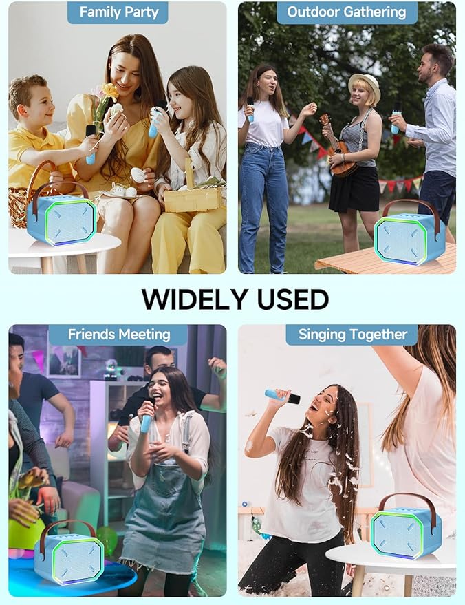 Karaoke Machine for Kids and Adults, Mini Portable Bluetooth Speaker with 2 Wireless Microphones, Led Lights for TV, Kids Gifts for Girls Boys Family Party Birthday (Blue)