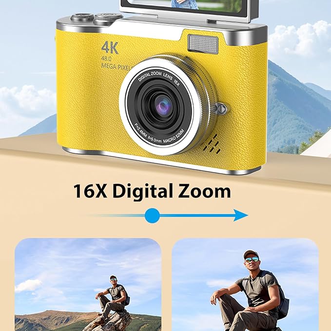 Denash Foldable Screen Kids and Beginners Camera,4K Digital Camera for Photography,48MP Digital Foldable Support 16X Zoom with Flip Scree (Yellow)