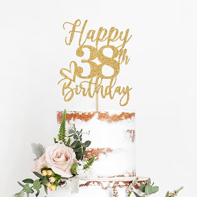 Happy 38th Birthday Cake Topper, 38th Birthday Decorations, Cheers to 38 Years, 38 Happy Birthday Party Supplies Gold Glitter