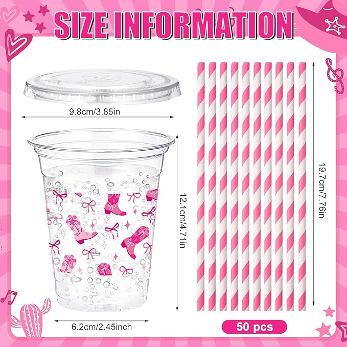 Yungyan 50 Sets Pink Cowgirl Plastic Cups with Lids and Straws 16 oz Disco Cowgirl Coffee Juice Drinking Cups for Western Party Decoration Wedding Birthday Bachelorette Party Supplies