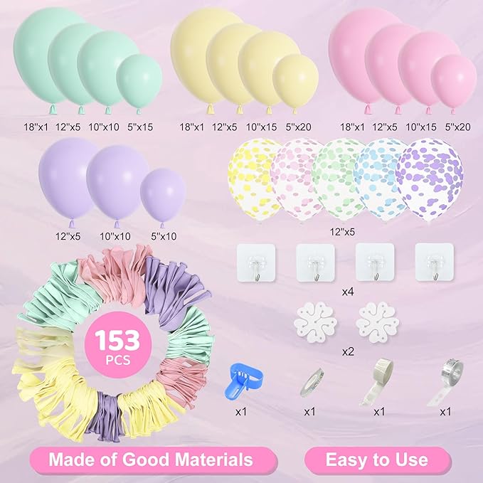 Amandir 153pcs Pastel Balloons Garland Arch Kit, Different Sizes 18 12 10 5inch Pastel Pink Yellow Green Purple Confetti Easter Balloons for Bunny Hunt Spring Baby Shower Birthday Party Decorations
