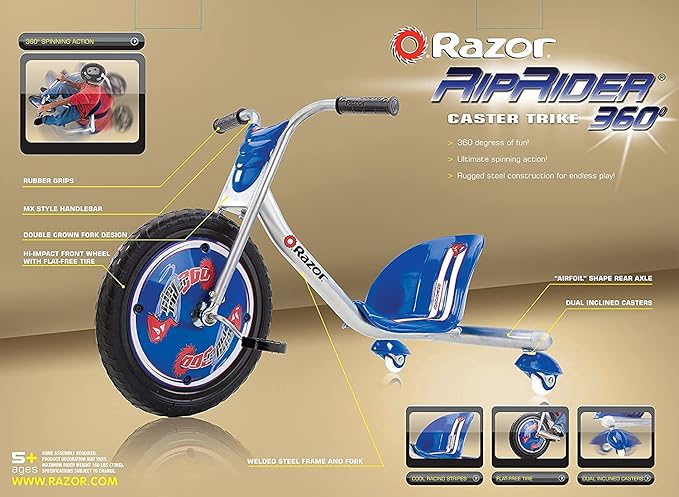 Razor RipRider 360 Caster Trike for Kids Ages 5+ - Lightweight, Rubber Handlebars, Steel Frame, for Riders up to 160 lbs