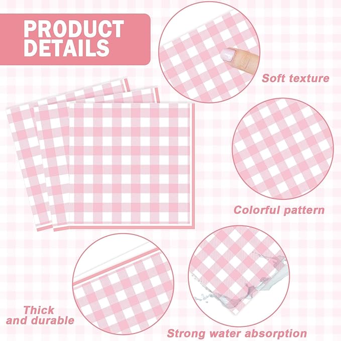 98 Pieces Pink checkered Party Supplies for 24 Guests Pink and White Checkered Tableware Set Plaid Plates Napkins Tablecloth Party Decorations for Birthday Barbecue Picnic Dinner Favors