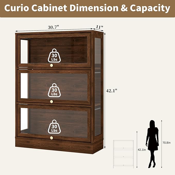 Display Cabinet with Acrylic Glass Doors,3-Tiers Curio Cabinet with LED Lighting for Collectibles, Collectibles Toy Organizers Rack & Display Shelf Display Case Storage Cabinet,Walnut