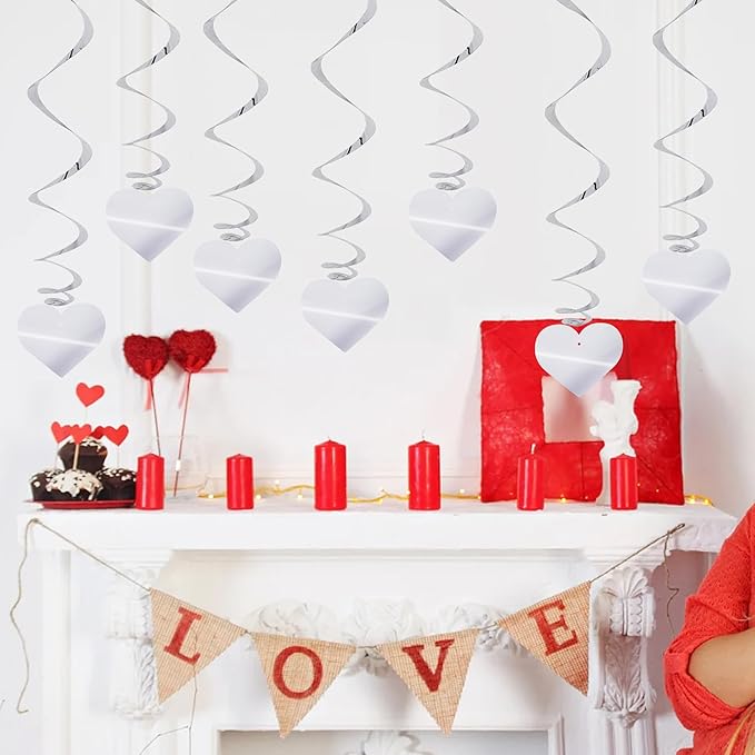 BEISHIDA Happy Valentine's Day Hanging Swirls Valentine's Decorations Silver Heart Hanging Ornament Wedding Anniversary Engagement Proposal Party Supplies Romantic Party Decorations Pack of 15