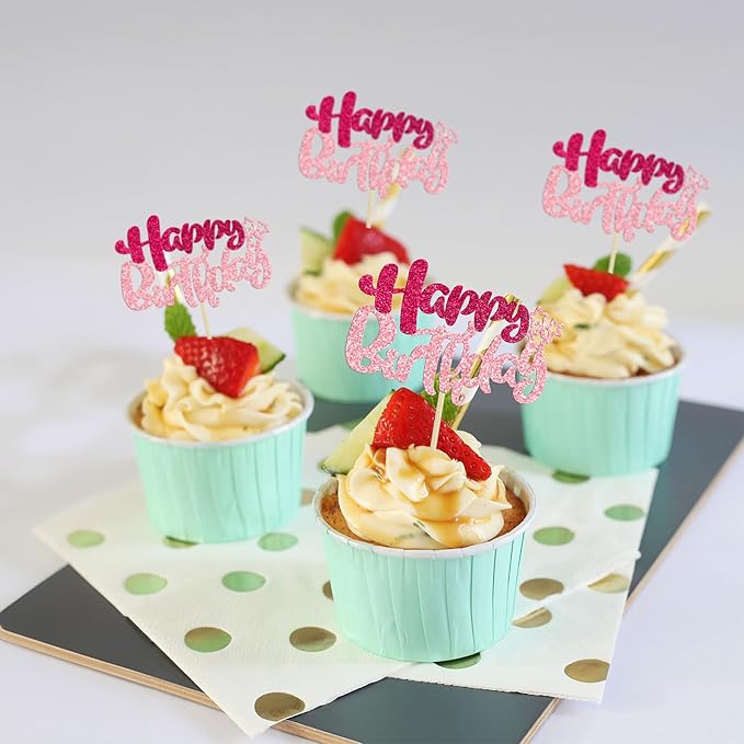 Ephlyn 24Pcs Happy Birthday Cupcake Toppers Double Layer Glitter Happy Birthday Cake Decorations for Celebrating Baby Shower Theme Kids Boys Girls Birthday Anniversary Party Supplies Rose Red Pink