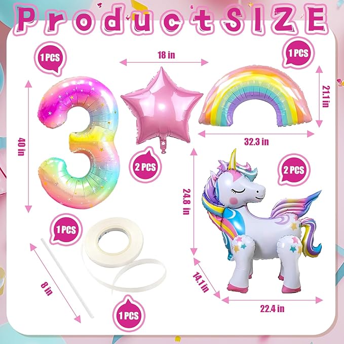 6PCS Self Standing Unicorn Balloons, Unicorn Balloon, Large Rainbow Balloon, Colorful Number 3 and Star Balloons for Girl 3rd Birthday Party Decorations Supplies.(3rd)