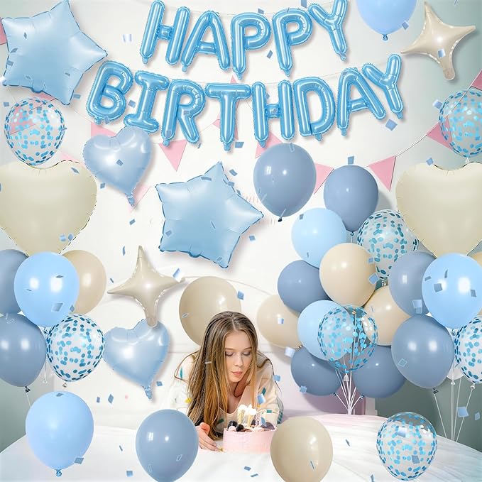 Dusty Blue Birthday Decorations for Boys Fog Baby Light Baby Blue Sand White Balloons Confetti Party Balloon Happy Birthday Banner Heart Balloons 18/10 Inch Star Balloon for Men Bday Party Supplies