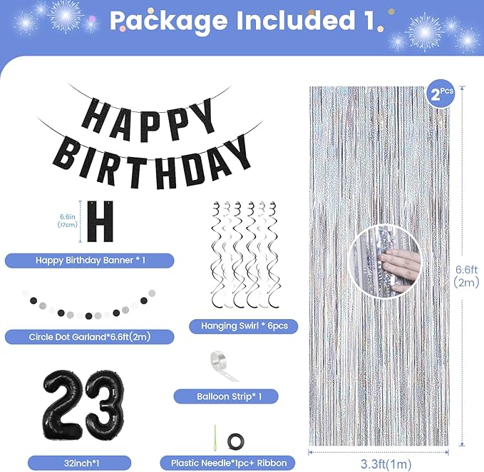 23th Birthday Decorations for Boys Girls, Silvery and Black Happy 23th Birthday Banner,Number 23 Balloons Arch Kit for 23 year old Birthday Party Decorations