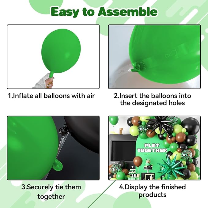 Green and Brown Balloon Garland Arch Kit,Brow Green and Black Balloons Garland Kit with 2pcs Star Foil Balloons for Video Theme Jungle Safari Game Party Baby Shower Graduation Birthday Decorations