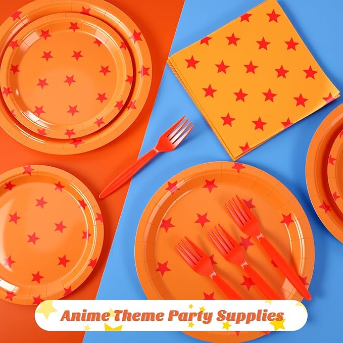 Oudain 96 Pcs Anime Theme Party Supplies 24 Sets Anime Paper Plates Napkins Forks Orange and Red Stars Print Disposable Plate Napkin Fork for Anime Party Decoration