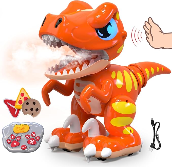 P&C Remote Control Dinosaur Toys for Kids Rechargeable Gesture Sensing Robot Velociraptor Toy with Spraying,Sound Effects,Dancing,2.4Ghz RC Dino for Boy&Girl 3-12 STEM Gifts for Kid (Orange)