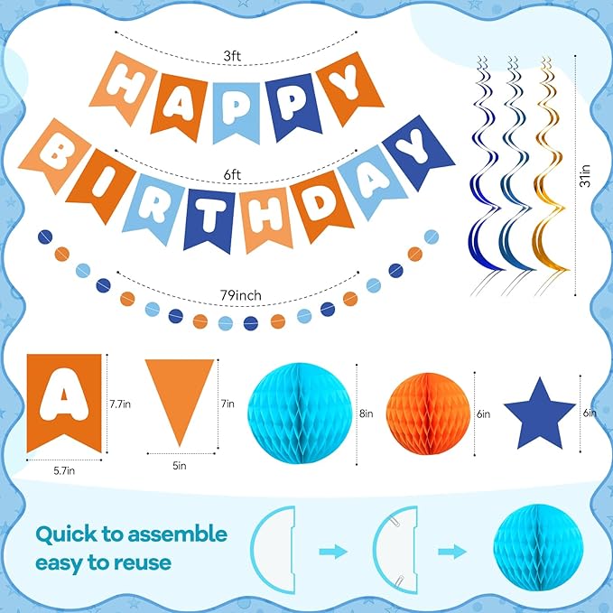 Happy Birthday Decorations for Boys, Blue and Orange Birthday Banner with Honeycomb Balls, Stars Hanging Swirl Streamers, Circle Dots Garland for Birthdays Party Supplies