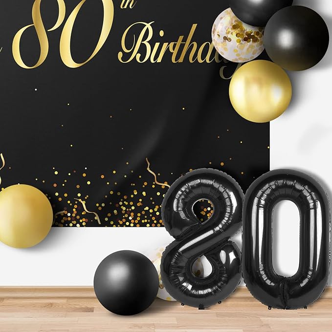 Happy 80th Birthday Balloons Black Set Decor - Cheers to 80 Years Old Party Theme Garland Banner Backdrop Decorations For Women and Men Supplies