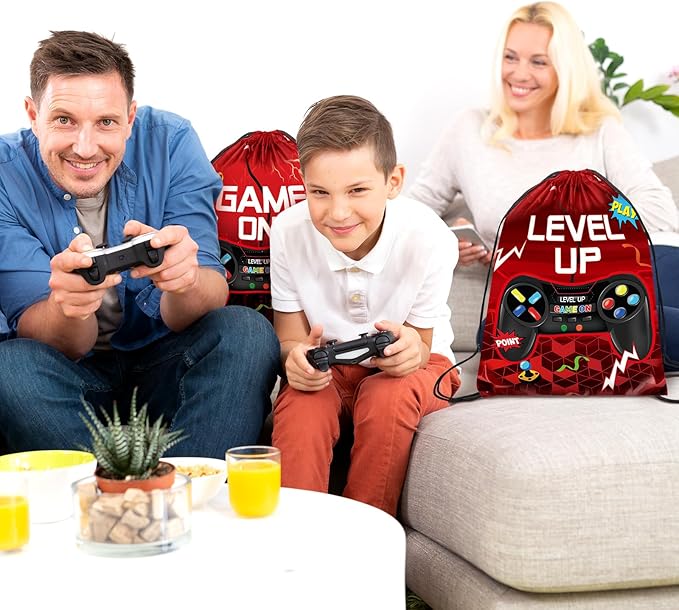 Eccliy 20 Pcs Video Game Party Favor Bags Gamer Birthday Party Drawstring Bags for Kids Boys Girls 12 x 10 Inch Gaming Goodie Treat for Game on Theme Decorations Supplies(Red,Lively Style)