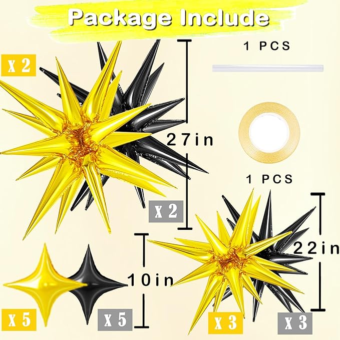 20 Pcs Star Balloons Explosion Star Foil Balloons- 12 Point Star Balloons,27”22”Spike Balloons and Four Pointed Star Balloos for Party Supplies Christmas Birthday Wedding Photo Booth (Gold Black)