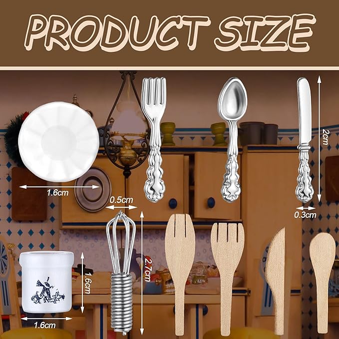 Skylety 37 Pieces 1:12 Scale Miniatures Dollhouse Kitchen Accessories Include 16 Plates Knife Fork Spoon, 6 Egg Beater Utensil, 15 Tea Cup Set(Blue Porcelain)