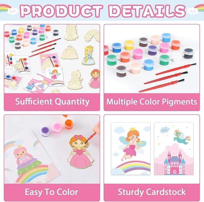 24Pcs Princess Party Favors Birthday Supplies Decorations-Cards with Art Crafts Castle Fairies DIY Wooden Painting Craft Kits Thank You for Coming Gifts Bulk Goodie Bags Stuffers Prizes for Kids Girls