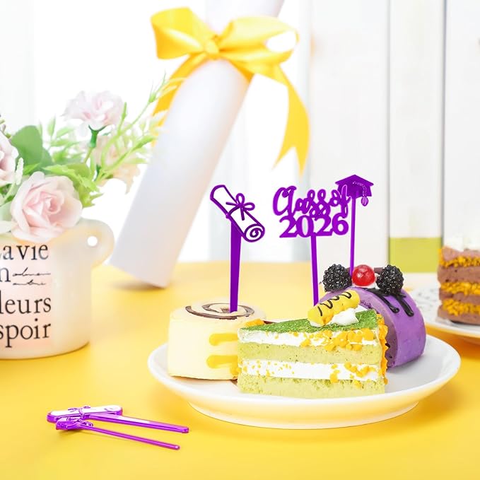 Boao 90 Pieces Class of 2026 Theme Graduation Cake Topper Plastic Cupcake Picks Graduation Cupcake Decorations for Party Supplies and Favors, 3 Styles(Purple)