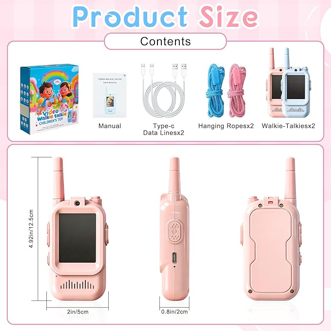 Video Walkie Talkies for Kids, 2 Pack Rechargeable Walkie Talkies with Screen,Long Range 2 Way Radio with 4 Voice Effects, Outdoor Adventure Camping Hiking, Birthday with Pink Blue Design