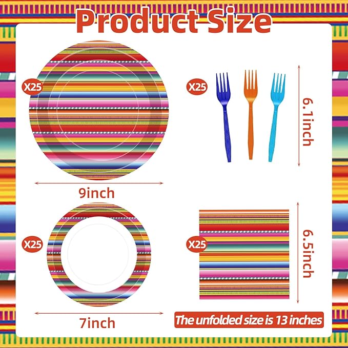 100 Pcs Mexican Fiesta Tableware Party Supplies Set, Serves 25 – Disposable Colorful Serape Striped Paper Plates, Napkins, and Forks, Cinco de Mayo, Taco Tuesday, Fiesta and Day of the Dead Decoration