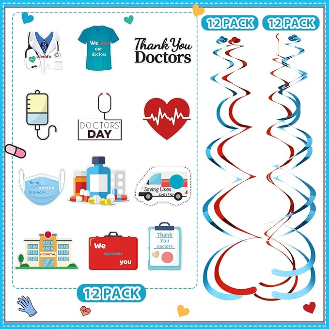 36 Pcs Doctor's Day Appreciation Decoration Thank You Doctor Table Honeycomb Centerpieces Appreciate Hanging Swirls Banner for National Doctors' Day Medical Students Party Supplies