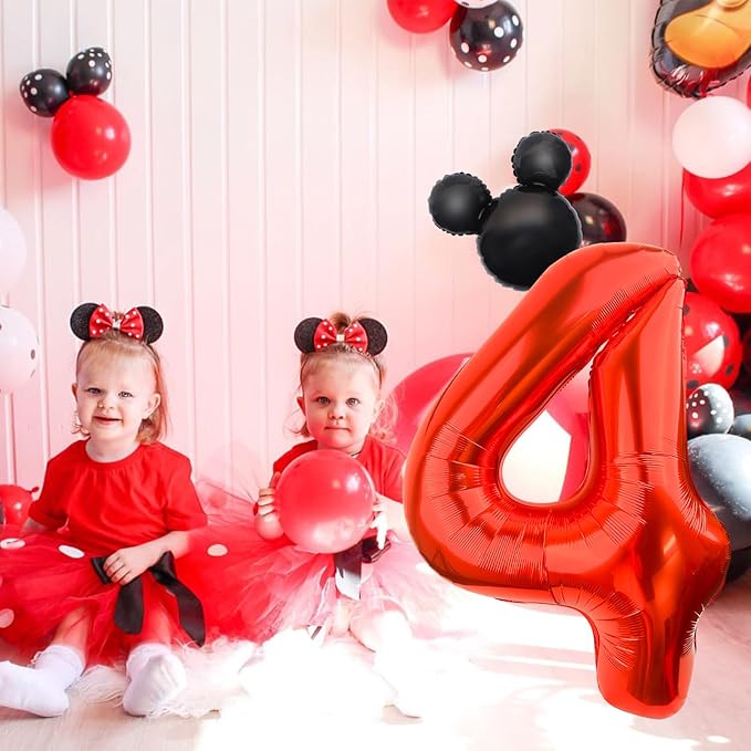 Mouse Number 4 Balloon 40 Inch Red Number 4 Balloon Mini Mouse Head Balloon for 4th Birthday Party, Black Red Large Number 4 Foil Balloon for Baby Shower Anniversary Supplies Decorations
