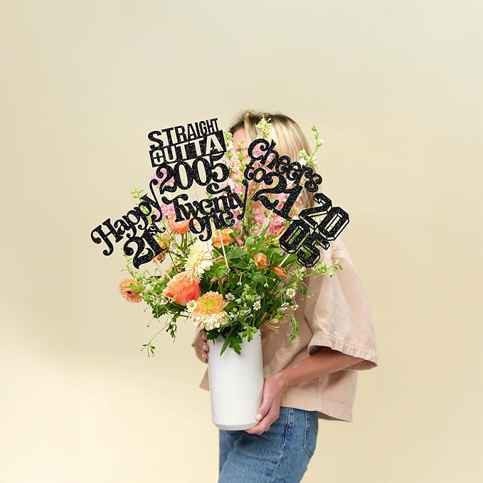 Gyufise 15Pcs Happy 21st Birthday Centerpiece Sticks Twenty One Straight Outta 2005 Table Flower Centerpieces Sticks for Cheers to 21st Birthday Party Supplies Black