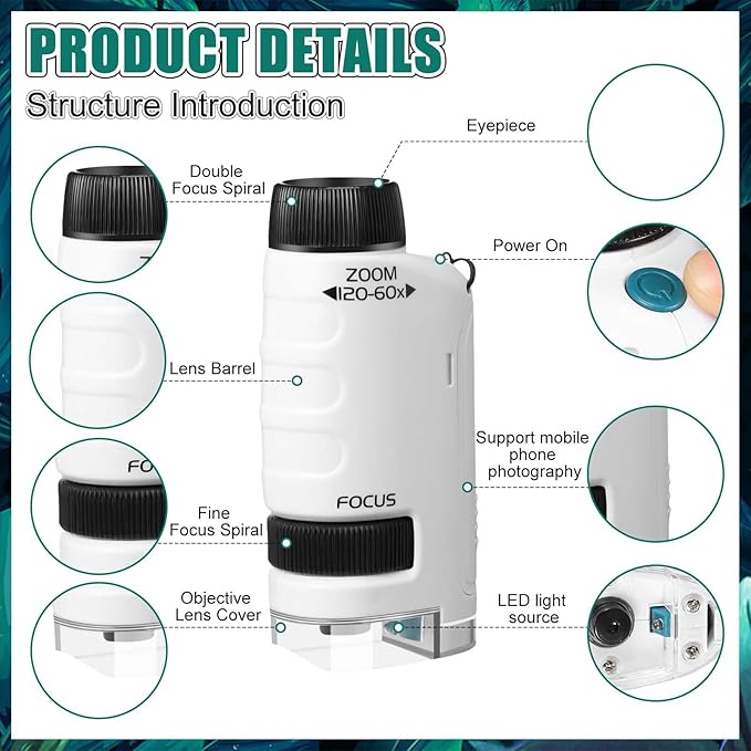 6 Pack Pocket Microscope, 60x-120x LED Lighted Portable Mini Handheld Microscope for Education, Learning, Exploring, and Outdoor Playing, White