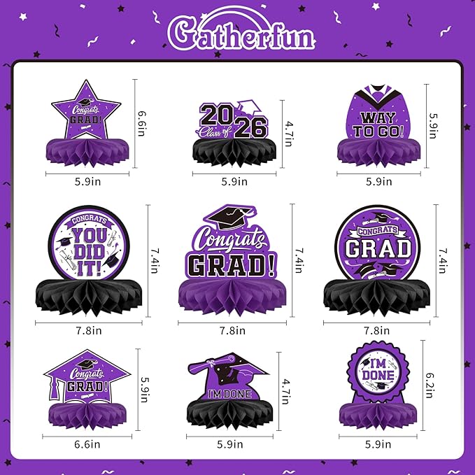 9PCS Graduation Party Decorations Class of 2026 Congrats Grad Table Centerpiece Congratulate Graduation Honeycomb Table Toppers for Graduation Party Supplies(Pueple,Black）