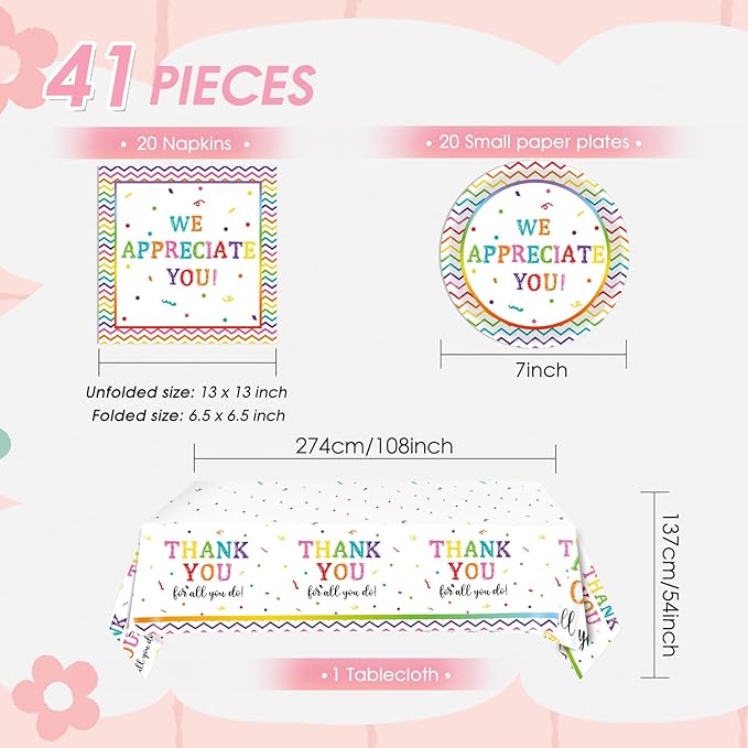41Pcs We Appreciate You Decorations Rainbow Color Thank You Themed Tableware Set Appreciation Plates Napkins Tablecloth丨Teacher Nurse Employee Staff Pastor Volunteer Appreciation Week Decor,Serve 20