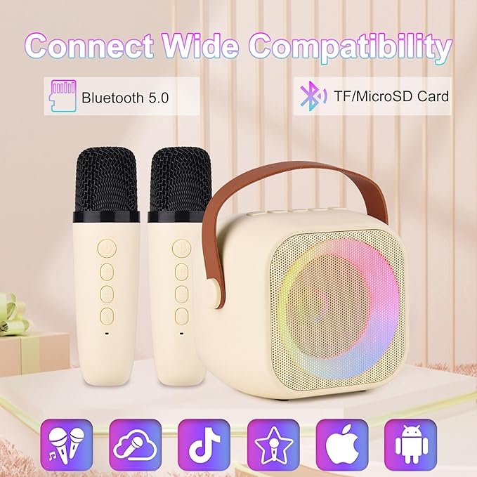 Karaoke Machine for Kids Adults, Mini Portable Bluetooth Karaoke Speaker with 2 Wireless Microphone and Lights,Toys for All Smartphones,Birthday, Family,Home Party Beige