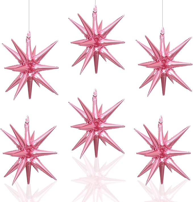 6 Pcs Silver Star Foil Balloons One-Piece 14-Pointed Star Balloon 4D Starburst Cone Mylar Balloon 22inch Christmas Birthday Wedding Wedding Anniversary Party Supplies (Pink)