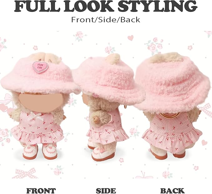 Clothes Compatible with LABUBU Doll – 3PCS Pastoral Style Set, 17cm Doll Clothes Designer Outfit for Sweet Camping Theme, Chic Stylish Accessories for Labubu, No Doll (Cherry Picnic Dress) ﻿