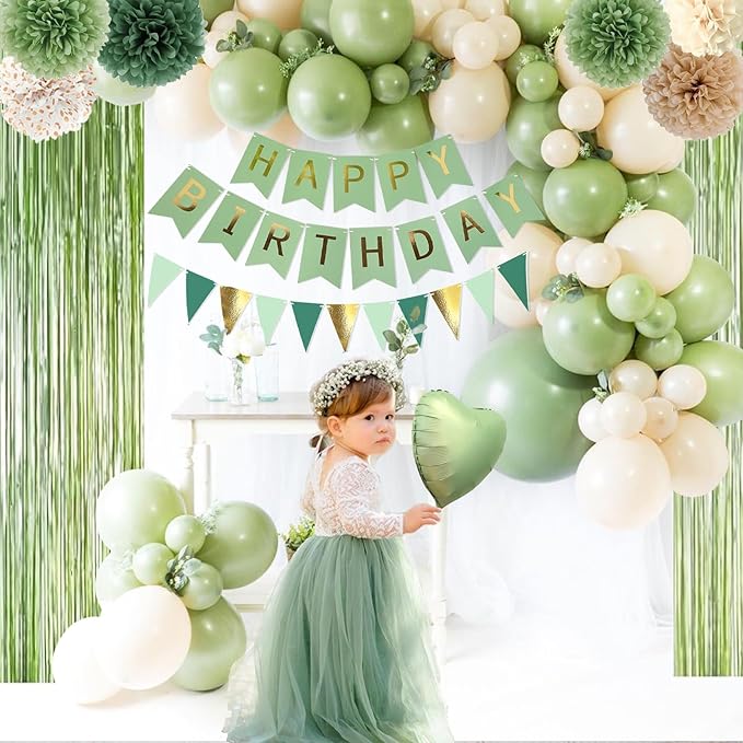 Sage Green Birthday Decorations, Birthday Party Décor, Gold Green Balloons Olive Happy Birthday Banner Fringe Curtain Background, Neutral Decorations for Women Men