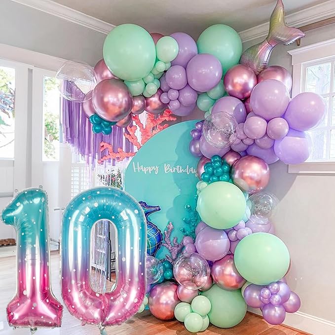 Mermaid Number 0 Balloons 40 Inch, Large Purple Teal Rainbow Number Balloons 0-9 Set, Starry 0 Mylar Foil Balloon Numbers for Girls Women Baby Shower Birthday Graduation Anniversary Party Decorations