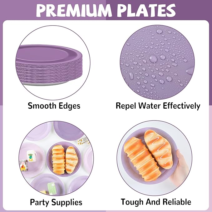 CHUNNIN 48Pcs Purple Birthday Party Paper Plates for Light Purple Cake Party Supplies 7" Purple Theme Lilac Lavender Birthday Party Disposable Plates for Kids Birthday Baby Shower Party Decorations