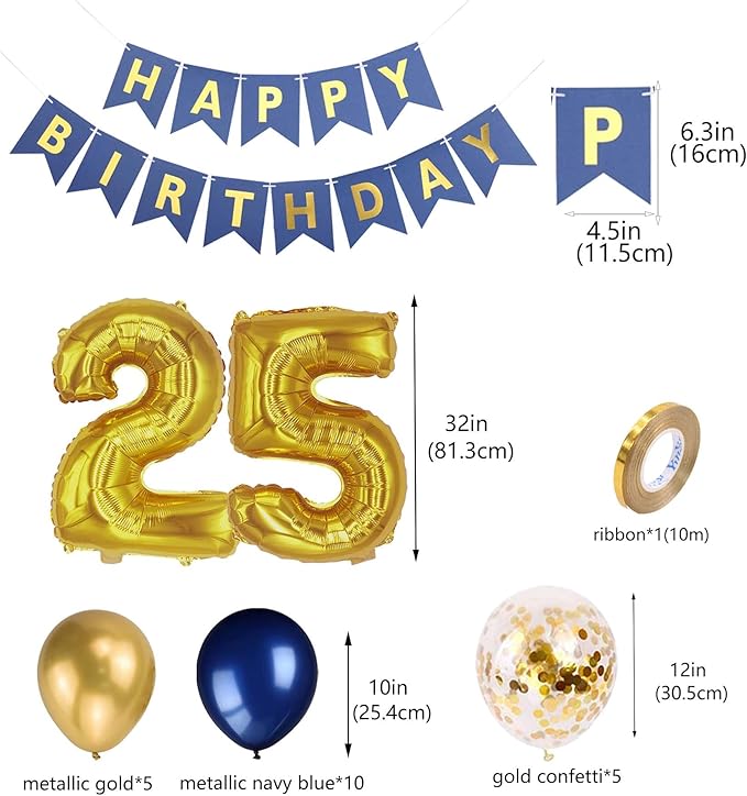 25th Birthday Party Decorations for Men Women, Navy Blue Happy Birthday Banner Gold 25th Foil Latex Metallic Confetti Balloons for Him Her 25 Years Old Birthday Party Supplies(25th)