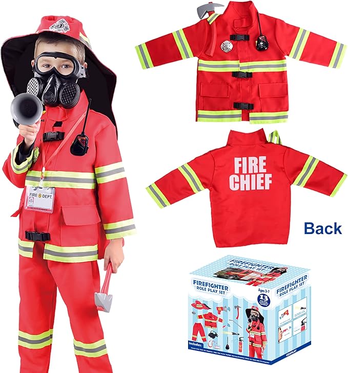 13 piece Kids Fireman Costume Firefighter Dress-Up Toy Set for Children Boys and Girls Fire Chief Pretend Role Play with Accessories