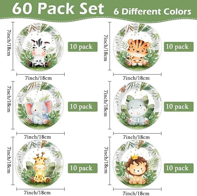 60Pcs Jungle Safari Plates Party Supplies Zoo Animal Paper Plates Safari Tableware Party Decorations for Birthday Baby Shower Woodland Animals Print Dinnerware Party Favors for 60 Guest